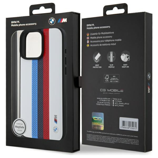 BMW M Performance Tricolor Printed Stripes MagSafeMagSafe iPhone 16 Pro Max Case - White