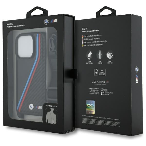 BMW M Edition Carbon Tricolor Lines &amp; Strap Case for iPhone 16 Pro - Black