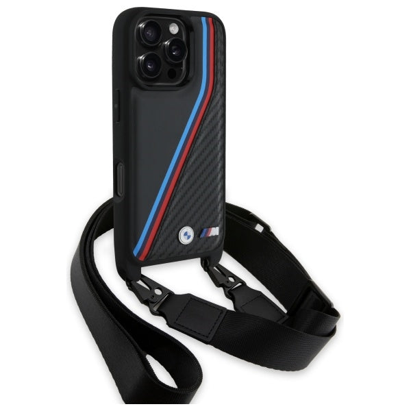 BMW M Edition Carbon Tricolor Lines &amp; Strap Case for iPhone 16 Pro - Black