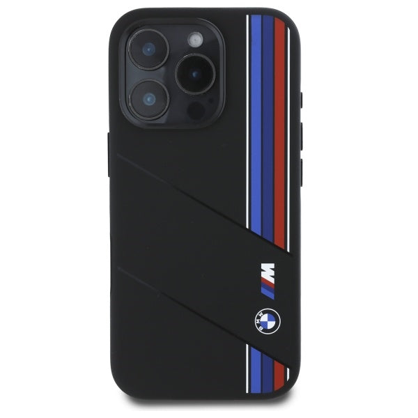 BMW Silicone Cut Tricolor Lines MagSafe Case for iPhone 16 Pro - Black