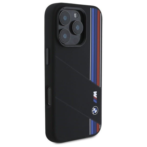 BMW Silicone Cut Tricolor Lines MagSafe Case for iPhone 16 Pro - Black
