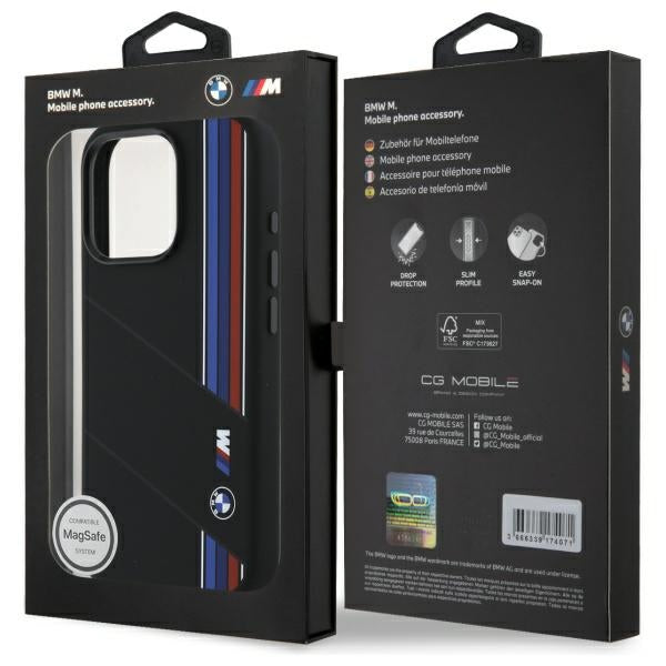 BMW Silicone Cut Tricolor Lines MagSafe Case for iPhone 16 Pro - Black