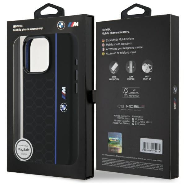 BMW Silicone Hexagon Blue Line MagSafe iPhone 16 Pro Case - Black