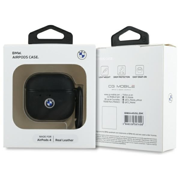 BMW BMA4SSLBK AirPods 4 cover black/black Geniune Leather Silver Logo