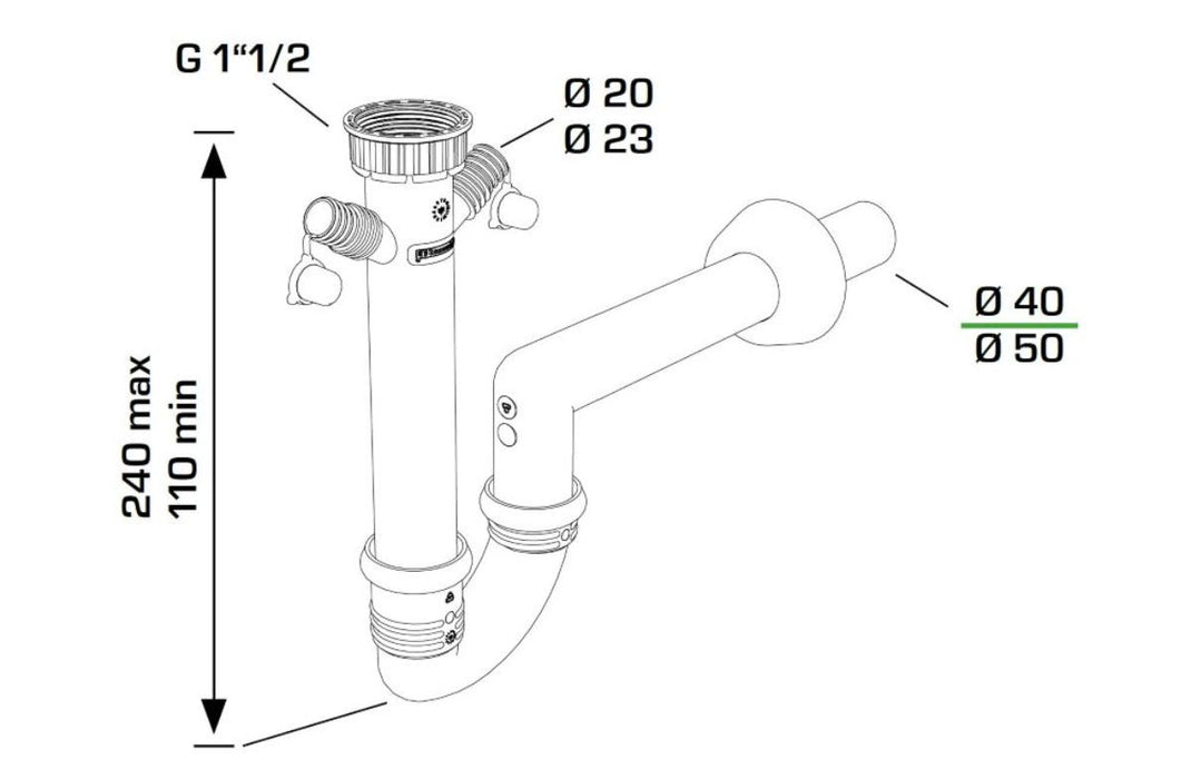 SINK TRAP 1 1/2 Ф40 WITH 2 RING SPOUTS
