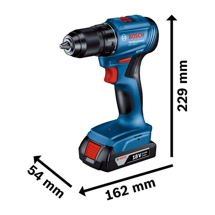 BATTERY BRUSHLESS DRILL BOSCH PROFESSIONAL GSR 185 Li 18 V, 50.00 nm, NUMBER OF BATTERIES 2, 2.00 Ah, SUITCASE