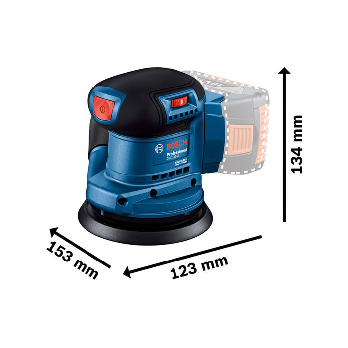 BATTERY BRUSHLESS ECCENTRIC GRINDER BOSCH PROFESSIONAL GEX 185-LI SOLO 18 V, 125 mm