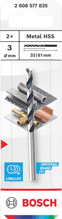 METAL DRILL BIT 2 PIECES BOSCH HSS 3x33x60
