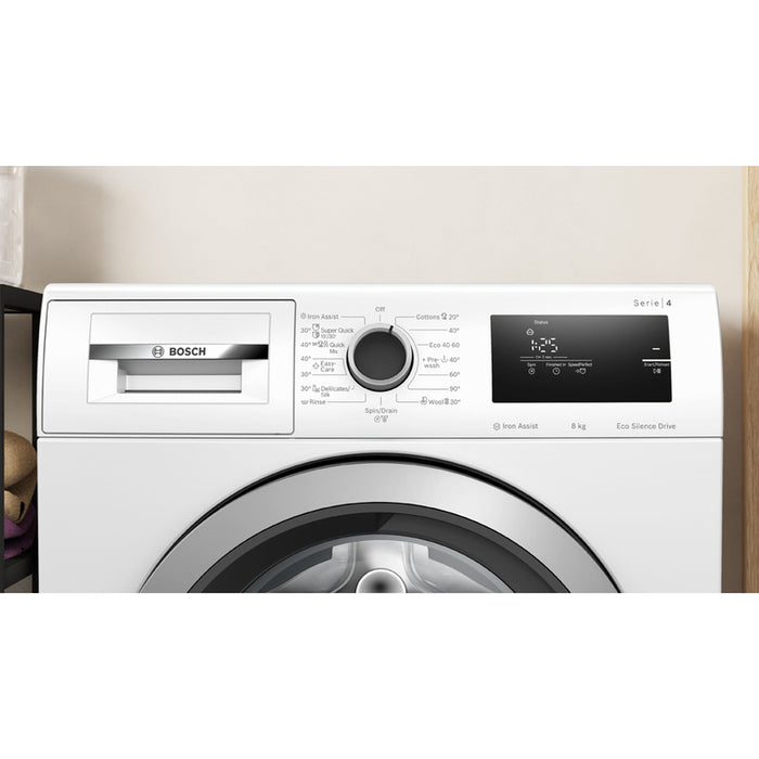 Bosch WAN28060BY SER4 Washing machine 8kg, A, 1400rpm, 51/72dB(A), Iron Assist, waveDrum 65l, 4 options, Quick 15'/30', silver-blackgrey door