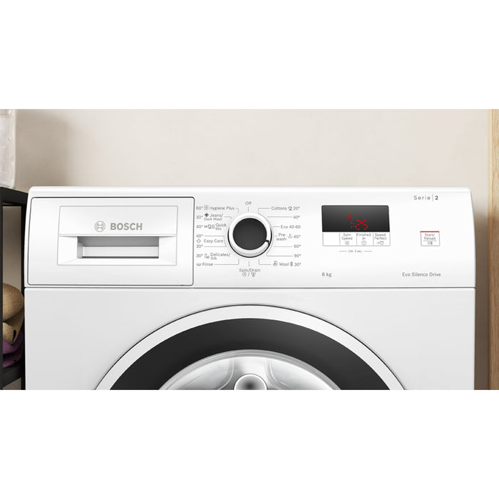 Bosch WGE03200BY, SER2, Washing machine 8kg, A, 1200rpm, 51/71dB(A), waveDrum 65l, 4 options, SpeedPerfect, Hygiene+, Jeans/dark wash, white-blackgrey door