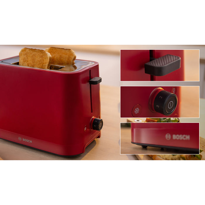 Bosch TAT3M124, MyMoment Compact toaster, 950 W, Auto power off, Defrost and reheat setting, Removable and foldable bun attachment, High lift, Deep Red