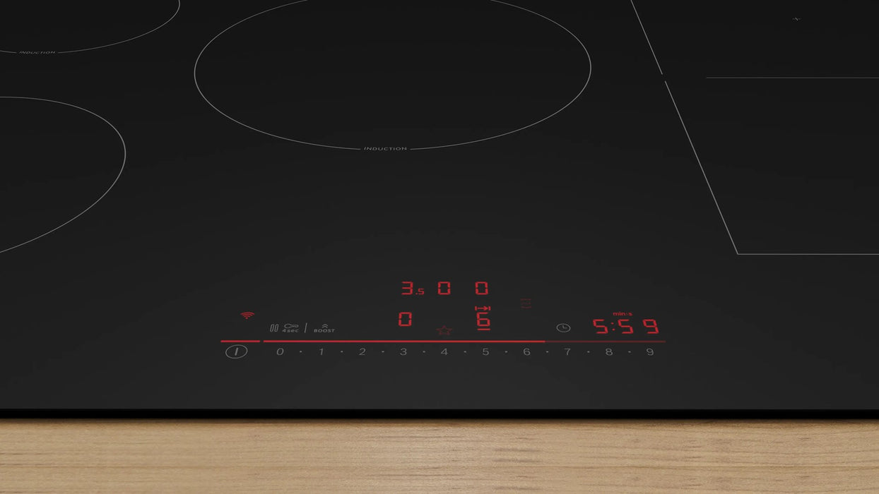 Bosch PVW81CHB1E, SER8, Induction electric cooktop, 5 zones (1 CombiZone + 3, 24cm ring), DirectSelect, PanBoost, frameless, 7,4 kW, 80cm, HC, Matt Black