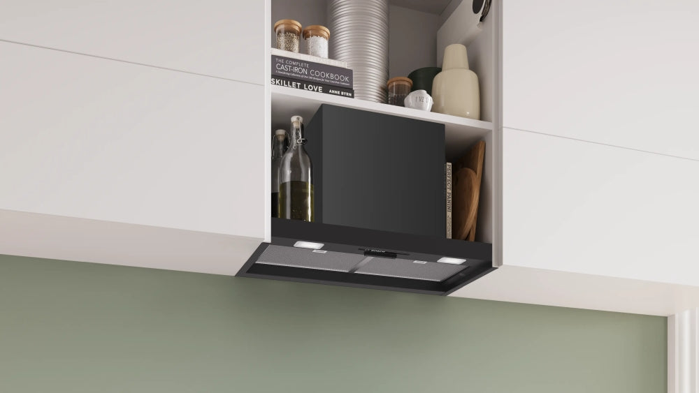 Bosch DBB63BC60, SER2, Integrated box hood 60cm D, max 384m3/h, 65dB, 3 speeds, CoP E, Grease eff. 89,3%(B), Push button control, Matt black