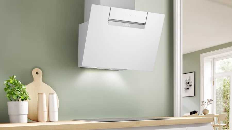 Bosch DWK67FN20, SER4, Wall hood 60 cm, A+, EcoSilence Drive, Alexa voice control, transparent glass, white print, max 431 m3/h, 56 dB, HC