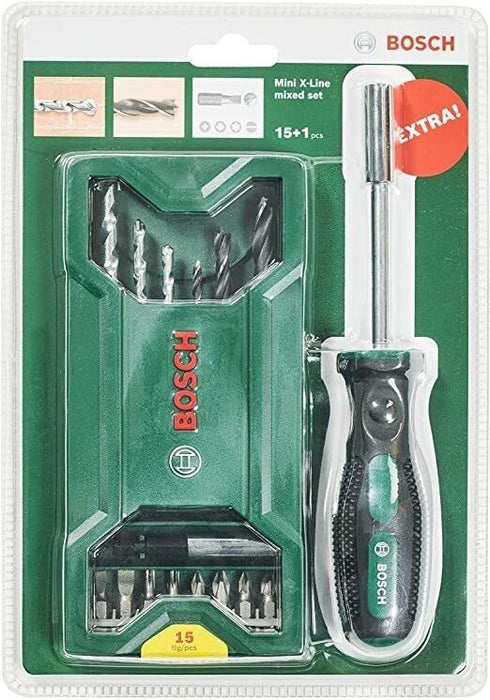 BOSCH DRILL, BITS AND SCREWDRIVER SET 15 PCS