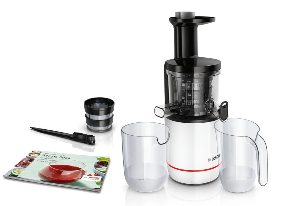 Bosch MESM500W, Slow juicer VitaExtract 150 W, 55 rpm, 1 speed + reverse function, tritan screw, MixControl lever, juice container 1 l, pulp container 1,3l, 2 filters (fine, coarse), white / black