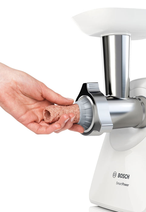 Bosch MFW2520W, Meat mincer, SmartPower Meat mincer from SmartPower range: 1500W, 1,7 kg/min, 2 sieves, 1 sausage horn, kebbe attachment, no reverse, white