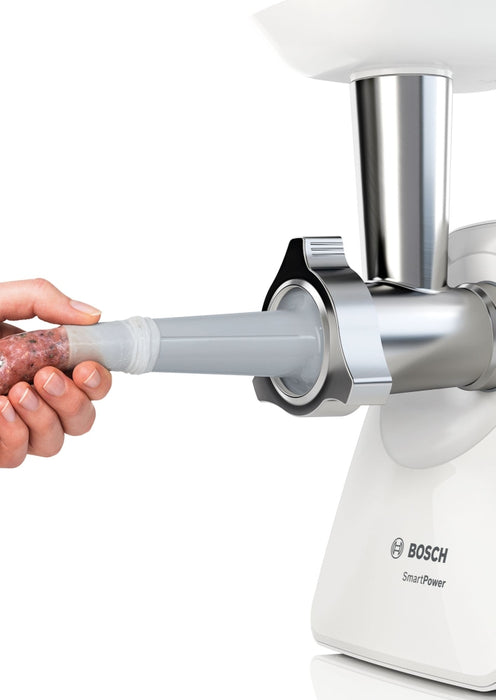 Bosch MFW2520W, Meat mincer, SmartPower Meat mincer from SmartPower range: 1500W, 1,7 kg/min, 2 sieves, 1 sausage horn, kebbe attachment, no reverse, white