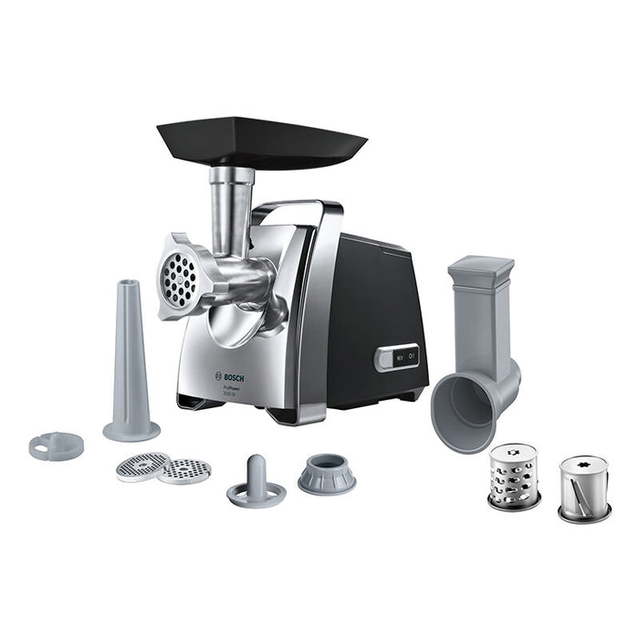 Bosch MFW67440, Meat mincer, ProPower 2000W, 3,5 kg/min, nr. 8, 3 sieves, kebbe attachment, shredder with 2 drums, reverse function