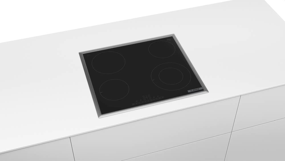 Bosch PKF645FP3E, SER6, Electric cooktop, 60 cm, Glass-ceramic hob, 4 zones, 1 extension, Black, surface mount with frame