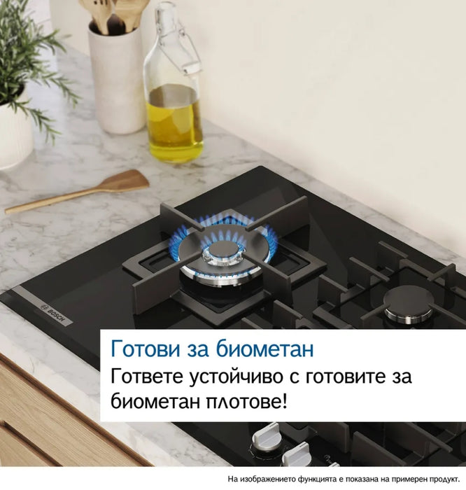 Bosch PRP6A6H40, SER8, Gas hob, 4 zones, 9 power levels, FlameSelect new, Smart Hood Automatic, Touch control, Easy cleaning, illuminated metal knobs, display, black, Front-bevel, HC, 60cm