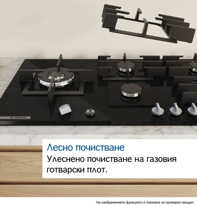 Bosch PRP6A6H40, SER8, Gas hob, 4 zones, 9 power levels, FlameSelect new, Smart Hood Automatic, Touch control, Easy cleaning, illuminated metal knobs, display, black, Front-bevel, HC, 60cm