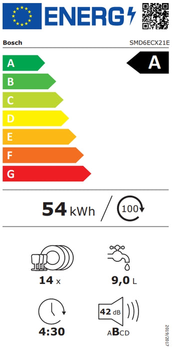 Bosch SMD6ECX21E, SER6, Dishwasher fully integrated, A, EfficientDry, 9,0l, 14ps, 7p/5o, 42dB(B), Silence 41dB, 3rd drawer, OpenAssist, display, Extra Clean Zone, TimeLight, HC
