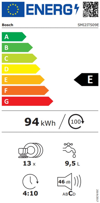 Bosch SMI2ITS09E, SER2, Dishwasher integrated, E, Polinox, 9,5l, 13ps, 5p/4o, 46dB(C), HC