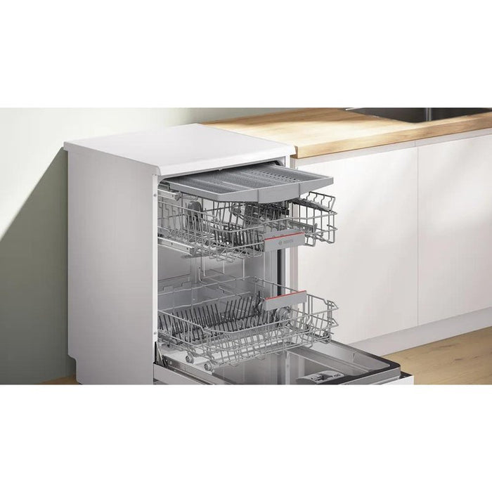 Bosch SMS46KW02E, SER4, Free-standing dishwasher, E, Polinox, 9,5l, 13ps, 6p/4o, 46dB(C), 3rd drawer, Rackmatic, white, w/o HC