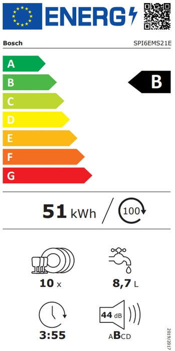 Bosch SPI6EMS21E, SER6, Dishwasher integrated 45cm, B, EfficiendDry, 8,7l, 10ps, 8p/5o, 44dB(B), 3rd drawer, Rackmatic, HC, interior light
