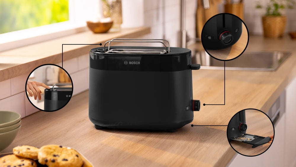Bosch TAT2M123, MyMoment Compact toaster, 950 W, Auto power off, Defrost and reheat setting, Integrated warming grid, High lift, Black