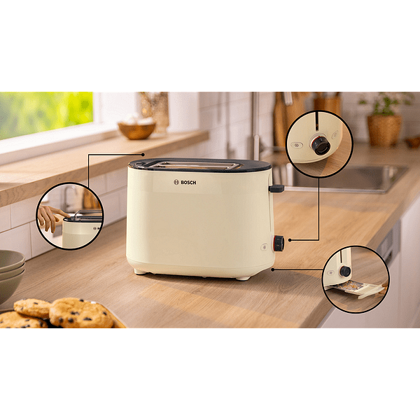 Bosch TAT2M127, MyMoment Compact toaster, 950 W, Auto power off, Defrost and reheat setting, Integrated warming grid, High lift, Cream