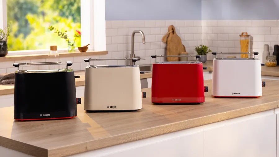 Bosch TAT3M124, MyMoment Compact toaster, 950 W, Auto power off, Defrost and reheat setting, Removable and foldable bun attachment, High lift, Deep Red