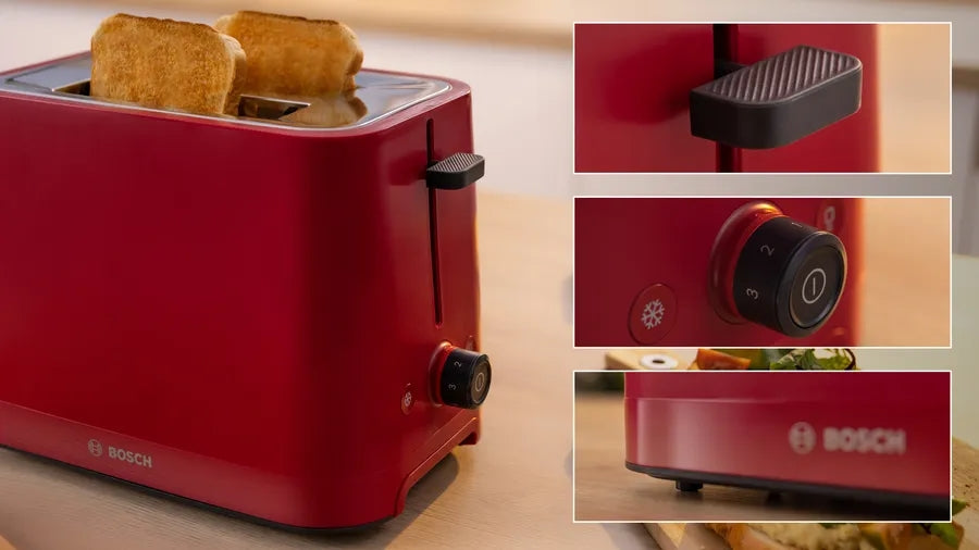 Bosch TAT3M124, MyMoment Compact toaster, 950 W, Auto power off, Defrost and reheat setting, Removable and foldable bun attachment, High lift, Deep Red