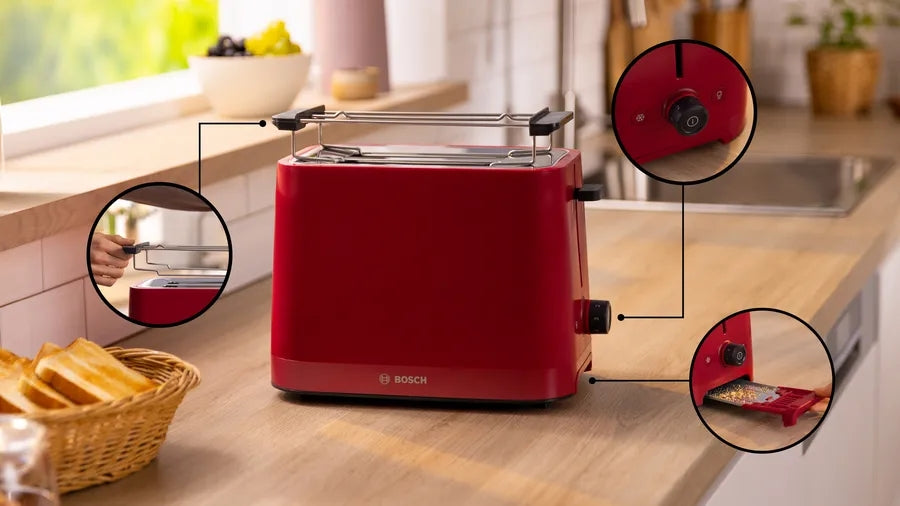 Bosch TAT3M124, MyMoment Compact toaster, 950 W, Auto power off, Defrost and reheat setting, Removable and foldable bun attachment, High lift, Deep Red