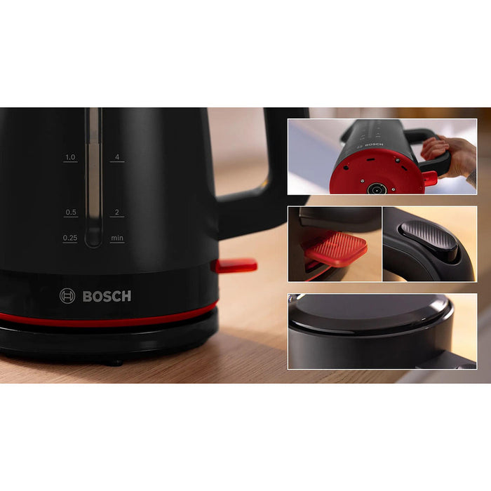 Bosch TWK3M123, MyMoment Plastic Kettle, 2400 W, 1.7 l, Cup indicator, Limescale filter, Triple safety function, Black