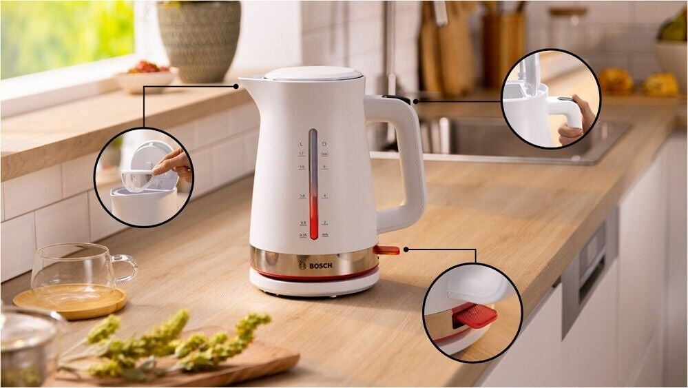 Bosch TWK4M221, MyMoment Plastic Kettle, 2400 W, 1.7 l, Interior light, Cup indicator, Limescale filter, Triple safety function, White