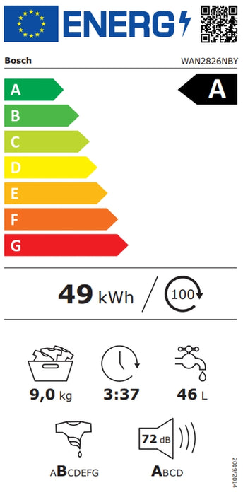Bosch WAN2826NBY, SER4, Washing machine 9kg, A, 1400rpm, 51/72dB(A), Iron Assist, waveDrum 65l, 7 options, Rinse Plus, silver-blackgrey door