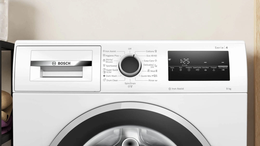 Bosch WAN2826NBY, SER4, Washing machine 9kg, A, 1400rpm, 51/72dB(A), Iron Assist, waveDrum 65l, 7 options, Rinse Plus, silver-blackgrey door