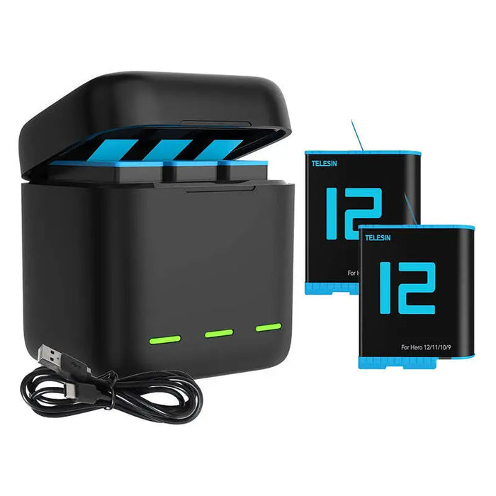 Box Telesin triple-channel charger +2 batteries for GoPro Hero 12 / 11 / 10 / 9 - For sports