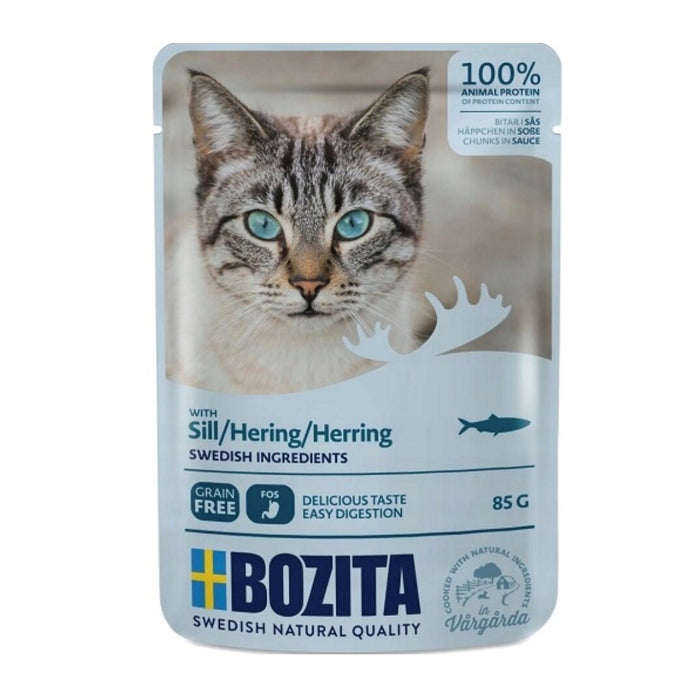 BOZITA Meat chunks in sauce with herring – wet cat food – 85g