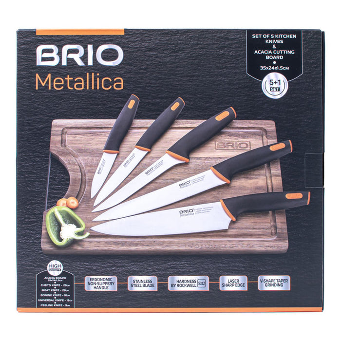 KNIFE SET WITH ACACIA BOARD 6 PIECES BRIO METALICA
