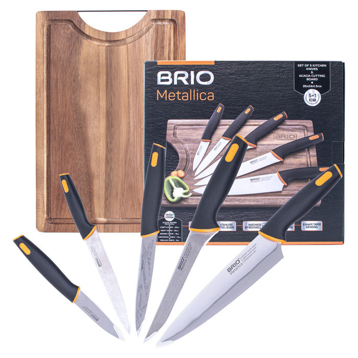 KNIFE SET WITH ACACIA BOARD 6 PIECES BRIO METALICA
