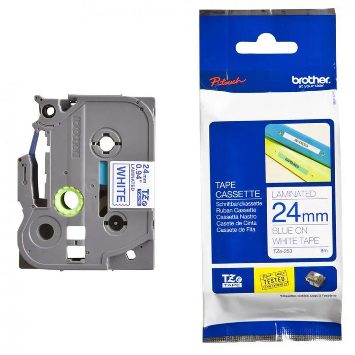 Brother TZe-253 Tape Blue on White Laminated 24mm 8 m - Eco - Консумативи за етикетни принтери<<<BROTHER