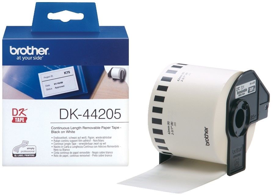 Brother DK-44205 White Removable Paper Tape 62 mm x 30.48 m, Black on White