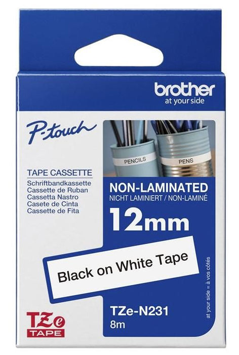 BROTHER TZEN231 12mm BLACK ON WHITE ADHESIVE TAPE NON LAMINATED