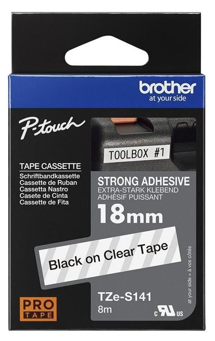 BROTHER TZES141 18mm BLACK ON CLEAR ADHESIVE TAPE