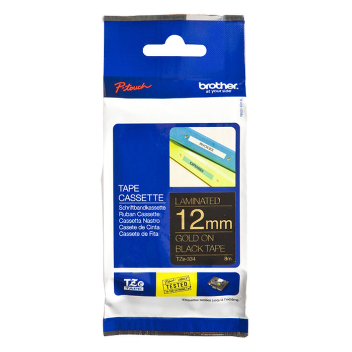 Brother TZe-334 Tape Gold on Black , Laminated, 12mm, 8m - Eco