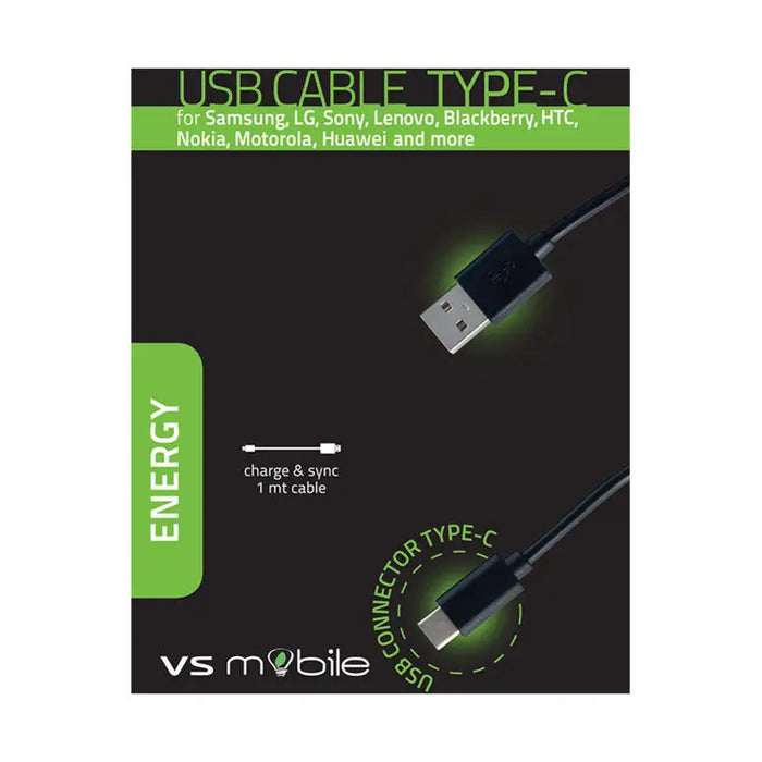 CABLE VSMOBILE USB-A to USB-C 1 m BLACK W1MMC - Зарядни устройства<<<Батерии и
