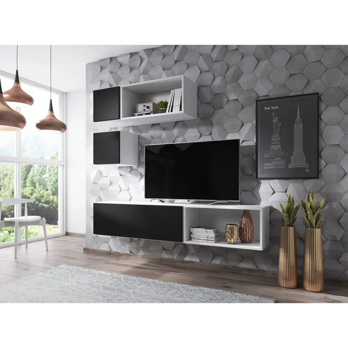 Cama living room furniture set ROCO 5 (RO1 + 2xRO4 + 2xRO5) white/white/black - Modern wall unitsMES-NOW<<<Wall